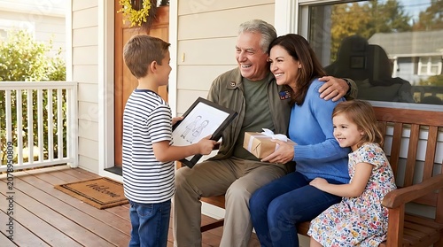Happy family receiving a gift and artwork on a porch
