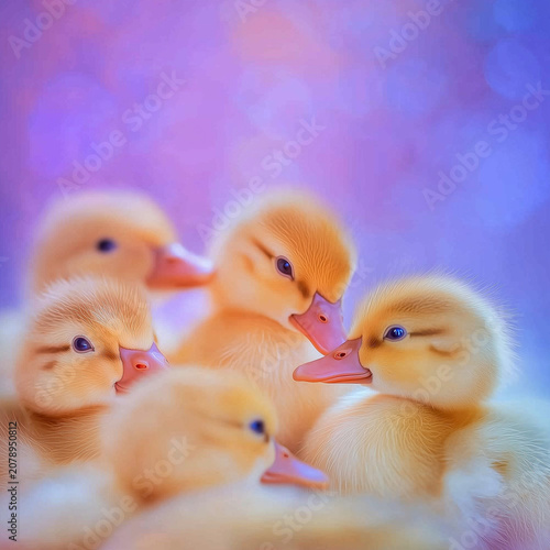 Group of cute fluffy yellow ducklings huddled together against purple bokeh background