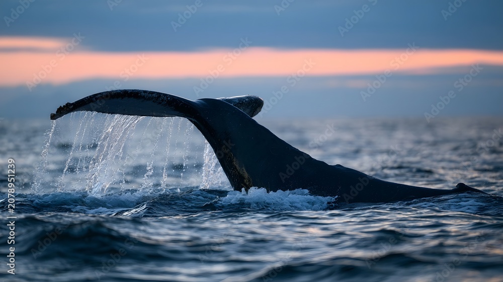 Obraz premium A magnificent whale tail splashes gracefully in the ocean under a colorful twilight sky creating a serene and wondrous scene