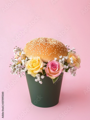 Sesame burger bun inside a dark green cup decorated with fresh roses on pink background