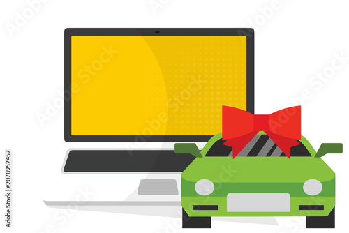 Online Car Rental Concept. Laptop with Green Gift Car and Red Bow Illustration
