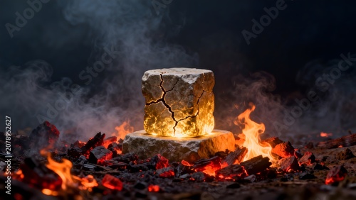 Stone block with glowing cracks in fire