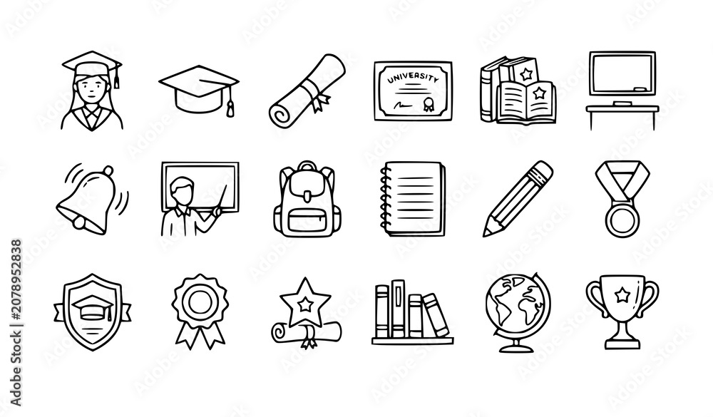 Fototapeta premium Education Graduation Doodle Icons Vector Collection Student Diploma University Degree Certificate Editable Stroke Line Art Set