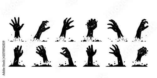 Zombie Hand Silhouettes Emerging From the Ground, Set of Twelve Horror Icons, Distressed Ink Splatter and Grunge Texture