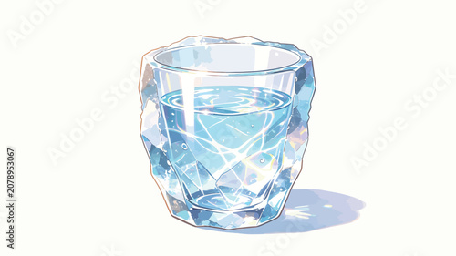 Luminous Glass of Clear Water with Magical Light Reflections and Sparkles, Soft Blue Hues, Ethereal