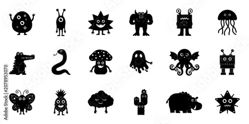Monsters Whimsical Black and White Illustration Set of 20 Cartoon Characters Featuring Creatures, Fantasy, Playful with Fun