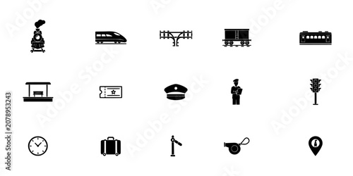 Transport Icons Featuring Trains, Stations, and Travel Symbols in Black and White Featuring Train, Station, Vector with Symbol
