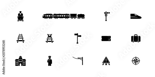 Trains and Railway Icons Set with Various Symbols and Signs in Black and White Vector Design Featuring Train, Symbol