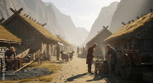 Historical medieval village with thatched cottages and mountains.