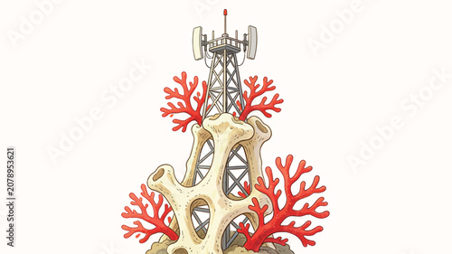 Surreal Illustration of Cellular Structure Metabolism with Tower and Red Coral Branches