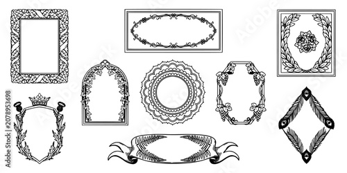 Frames Ornament Set of Nine Ornate Decorative Borders with Swirls Rosettes Garlands and Ribbon Accents on White Background