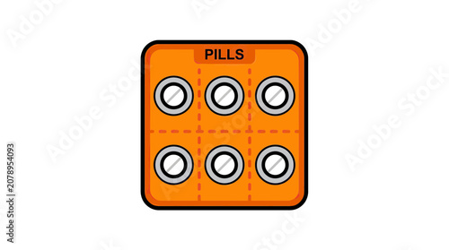 Foto Orange Pill Pack Isolated on White Background, Six Tablets
