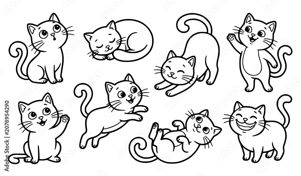 Fototapeta premium Cute Funny Cartoon Cats Black White Vector Set