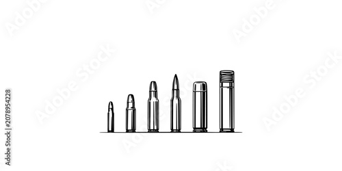 Bullets and Shell Casings Arranged in a Row with Varying Sizes and Designs Featuring Ammunition, Firearms, Gun with Metal
