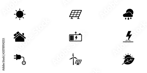 Energy Icons Depicting Solar Power, Lightning, Wind Turbine, Battery, and More in Black and White Featuring Electricity