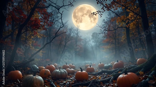 Harvest moon over forest floor filled with pumpkins