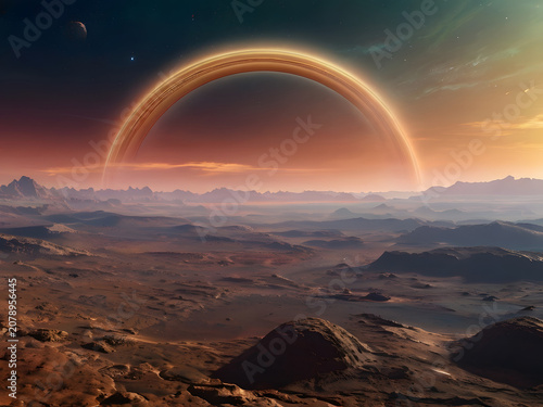 Alien Desert Landscape Beneath a Massive Ringed Planet at Sunset with Dramatic Sci-Fi Horizon