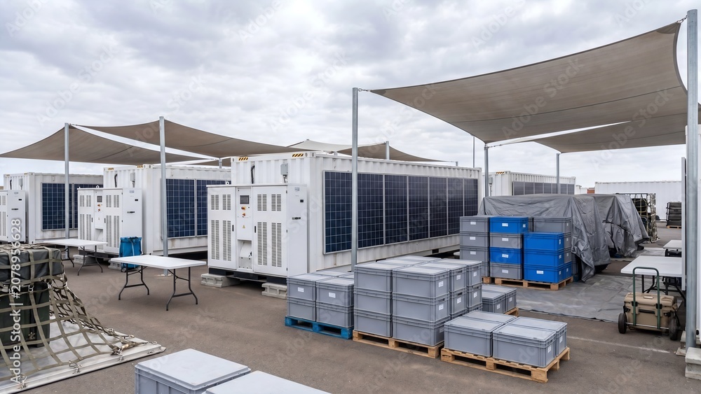Fototapeta premium Mobile containerized energy storage station with solar panels inverter cabinets stacked plastic crates on wooden pallets and shade canopies at a field site under a cloudy sky
