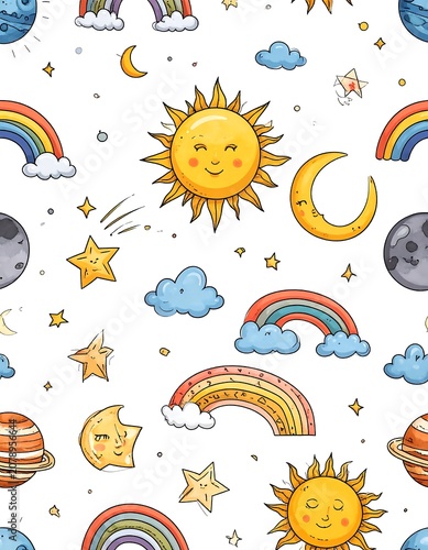 A whimsical pattern of smiling suns, moons, stars, rainbows, and planets on a white background