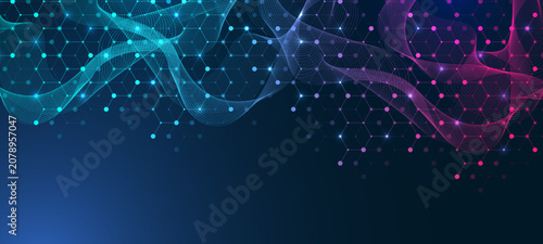 Molecular abstract structure and genetic engineering DNA. Healthcare and medicine background concept. Scientific research background. Wave flow. Innovation pattern. Vector illustration.