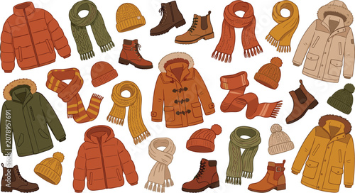Cuadro en lienzo Cozy winter clothes vector set with flat warm puffer jackets parkas knitted scar