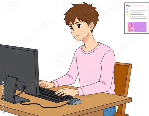 A young man with brown hair sits at a desk working on a computer