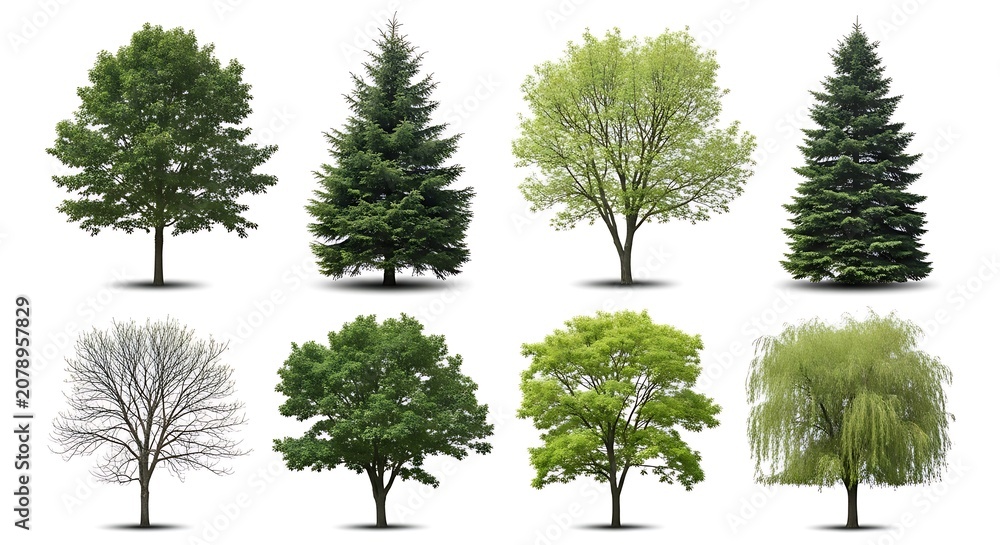 Fototapeta premium Diverse collection of eight isolated trees showcasing varied foliage and shapes against white
