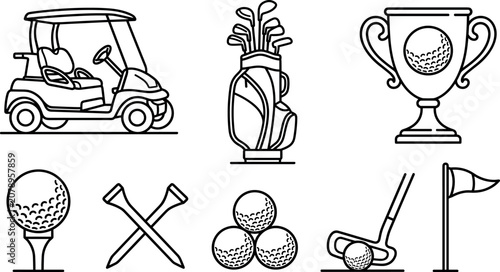 Golf sport equipment accessories tournament game recreation professional match outline vector icons set
