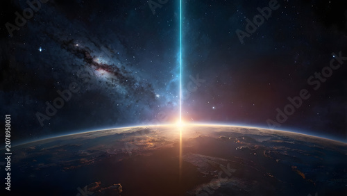 Brilliant Cosmic Sunrise Above Earth's Horizon with Vertical Energy Beam and Deep Space Galaxy Background