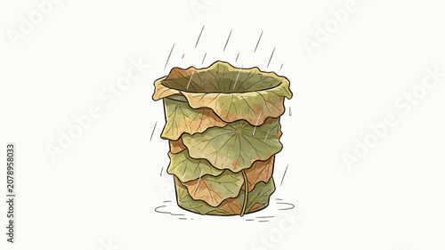 Rainfall on a Cup Crafted from Stacked Withered Lotus Leaves in Watercolor Illustration