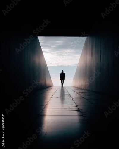 Solitary person walking towards bright light at end of dark tunnel, concept of journey and hope