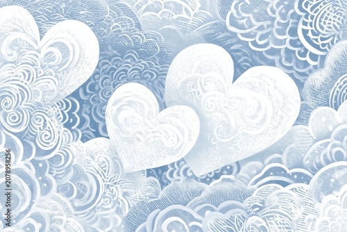 Ethereal blue and white hearts with swirling abstract patterns, decorative background