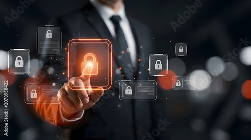 Cybersecurity Expert Interacts with Digital Lock Icons and Data Security Interface