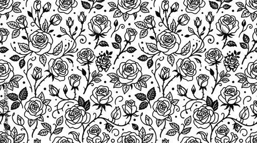Cuadro en lienzo Seamless Rose Pattern, Black and White Floral Illustration, Vintage Botanical Ar