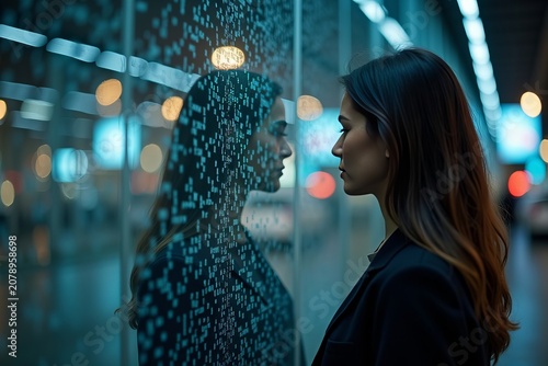 Individual Stands Before a Glass Wall, Contemplating Their Fractured Reflection: A Metaphor for Hidden Workplace Disparities, Backlit by Blurred City Lights.