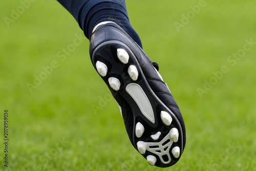 Close up of a soccer player kicking a ball on a green grass field.