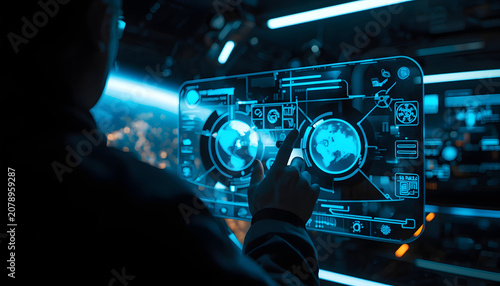Person Interacting with Futuristic Holographic Digital Dashboard Featuring Artificial Intelligence User Interface