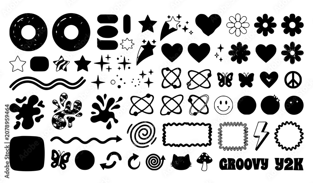 Fototapeta premium Retro Futuristic Y2K Donut Shapes and Geometric Decorative Elements Vector Collection