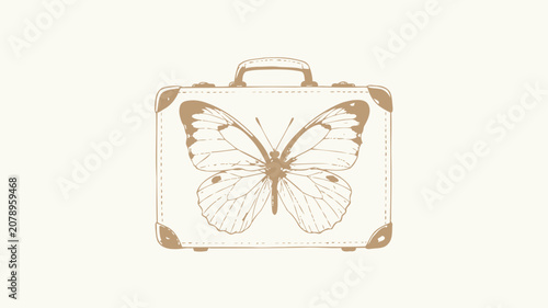 Vintage Illustration of a Large Butterfly Resting on an Aged Suitcase with Soft Tones