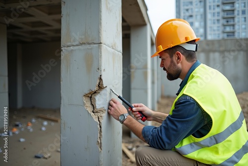Construction worker in safety gear and hard hat inspecting a crack in a concrete pillar, tools in hand, amidst an unfinished construction site.