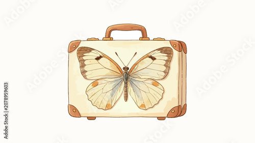 Vintage Suitcase with Elegant White Butterfly Illustration in Warm Sepia and Cream Tones