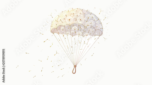 A whimsical parachute crafted from dandelion seeds drifting through a soft, dreamy sky with gentle
