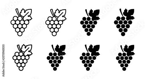 Grape bunches with leaves black and white line silhouette