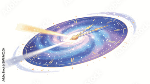 Mystical Galaxy Clock with Golden Hands, Starry Sky and Cosmic Light Rays