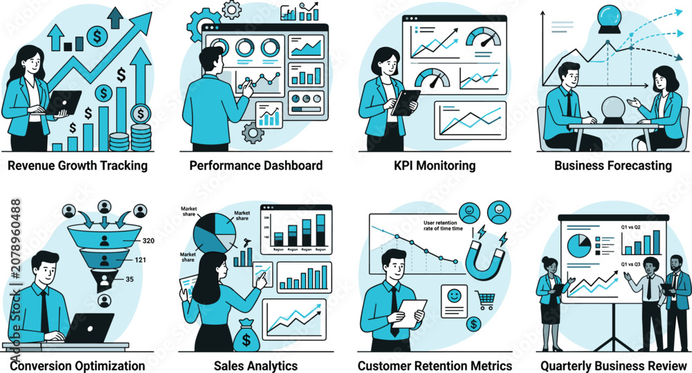 Fototapeta premium Business Performance Analytics and KPI Dashboard Flat Vector Illustration Collection for Growth Strategy