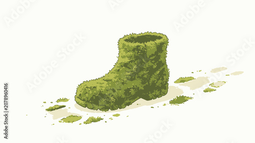 Illustration of a moss-covered boot with scattered vegetation and soft earthy tones on white