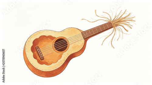 A whimsical ukulele adorned with golden straw tufts, featuring warm wood tones, soft watercolor