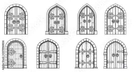 Gothic medieval wooden doors with ornate metal hinges and stone frames
