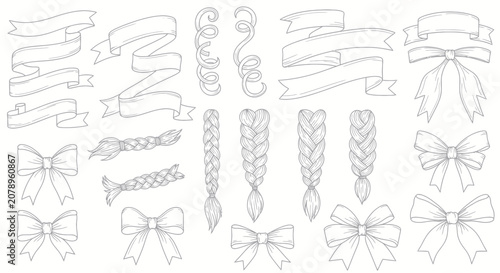Cuadro en lienzo Hand drawn decorative ribbons bows and braided hair elements