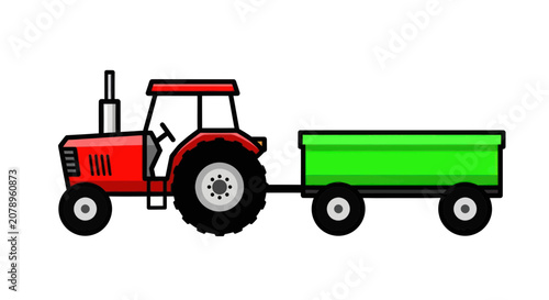 Foto Red agricultural tractor pulling a green utility trailer